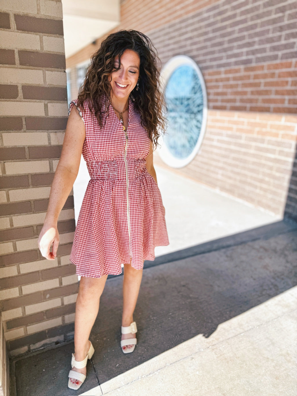 Women’s Gingham Zip Front Dress w/Elastic Waist