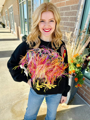 Queen of Sparkles Turkey Feathers Sweater in Black