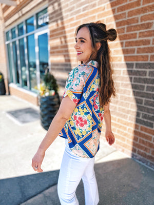 Scarf Print Short Sleeve Button Up Top