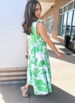 Leaf Print Midi Women’s Dress with Ruffle Sleeve