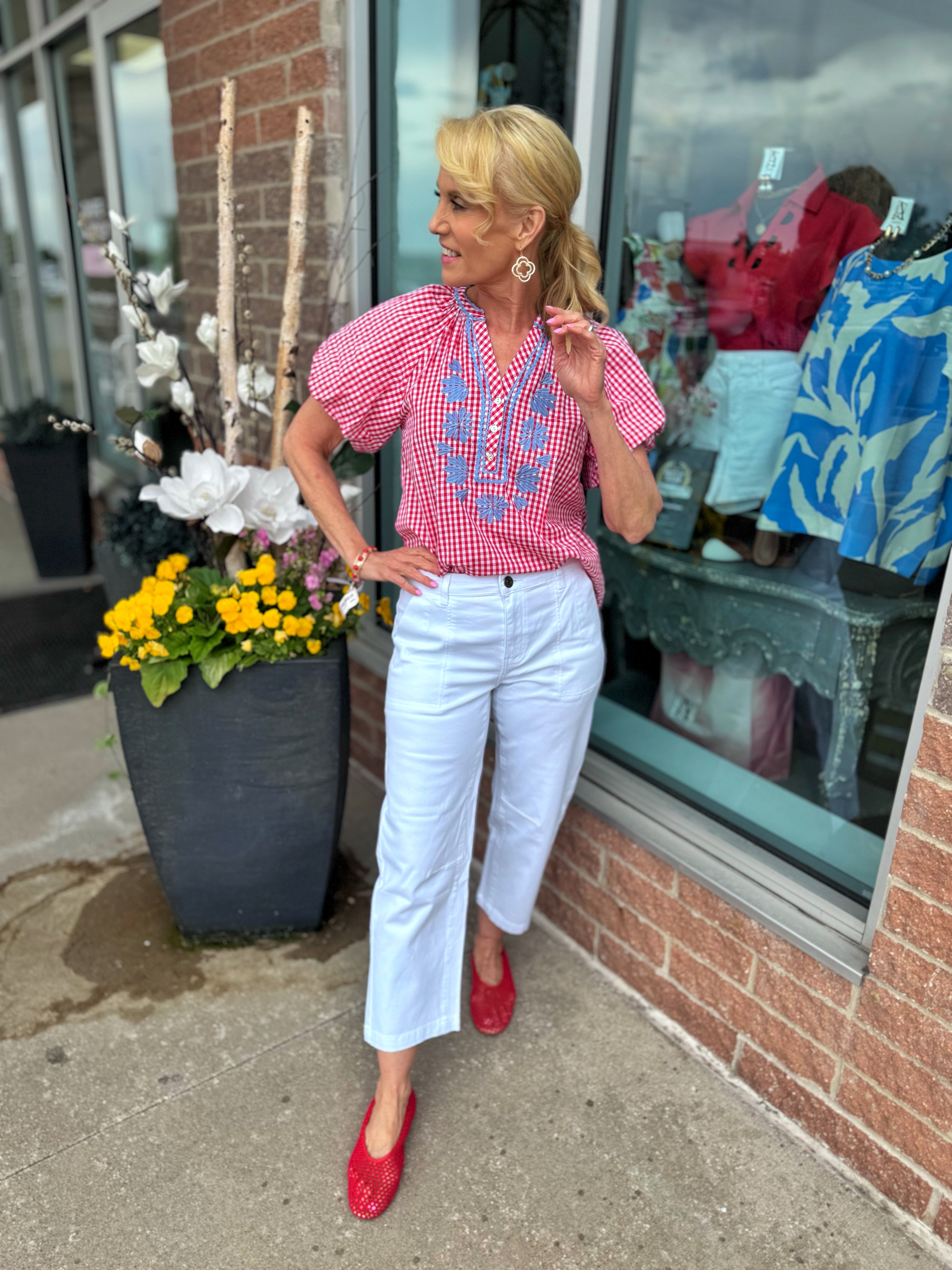 Red Gingham with Embroidery Women’s Blouse