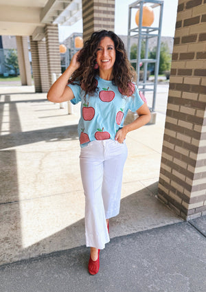 Queen of Sparkles Gingham Apple Women's Tee in Baby Blue