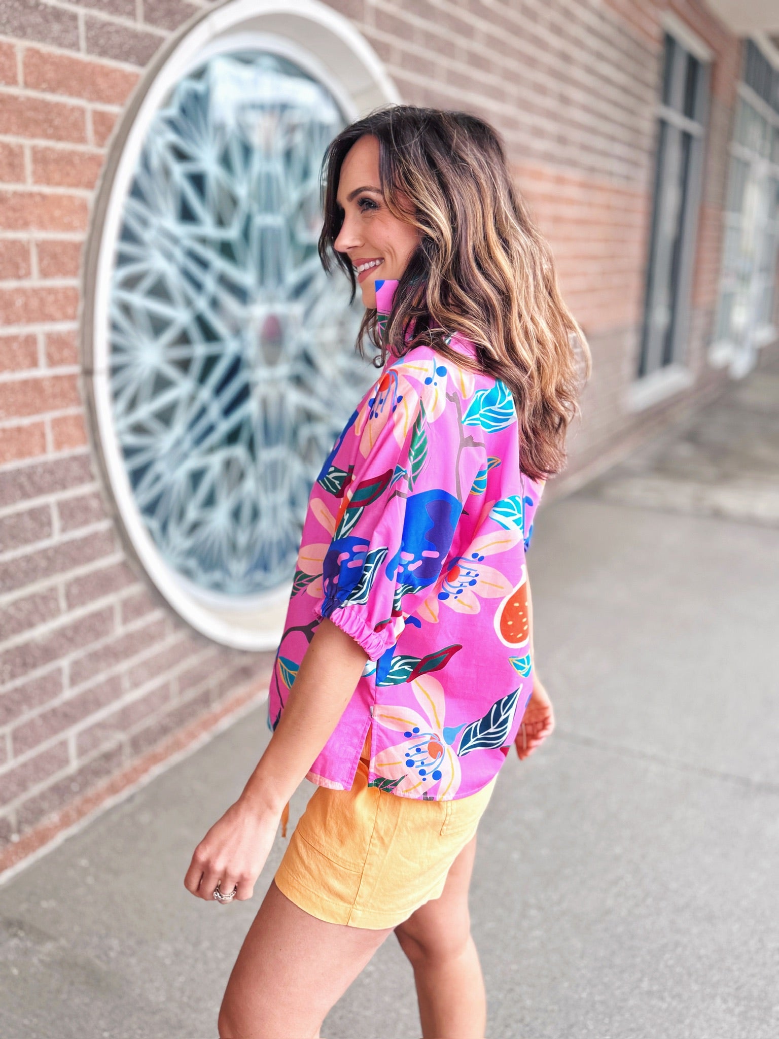 Tropical Stand Up Collar Blouse for Women in Pink