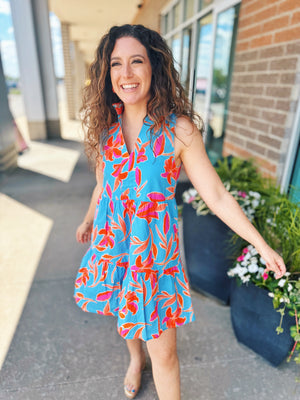 Sleeveless Floral Print Dress in Blue