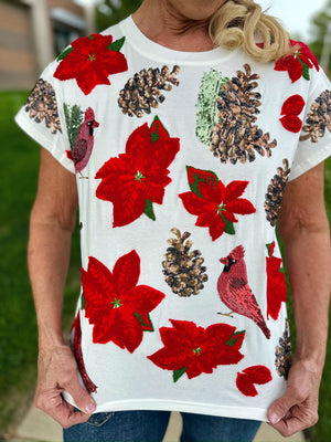 Queen of Sparkles Poinsettia and Pine Cone Tee