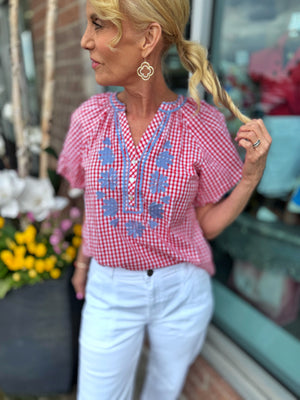 Red Gingham with Embroidery Women’s Blouse