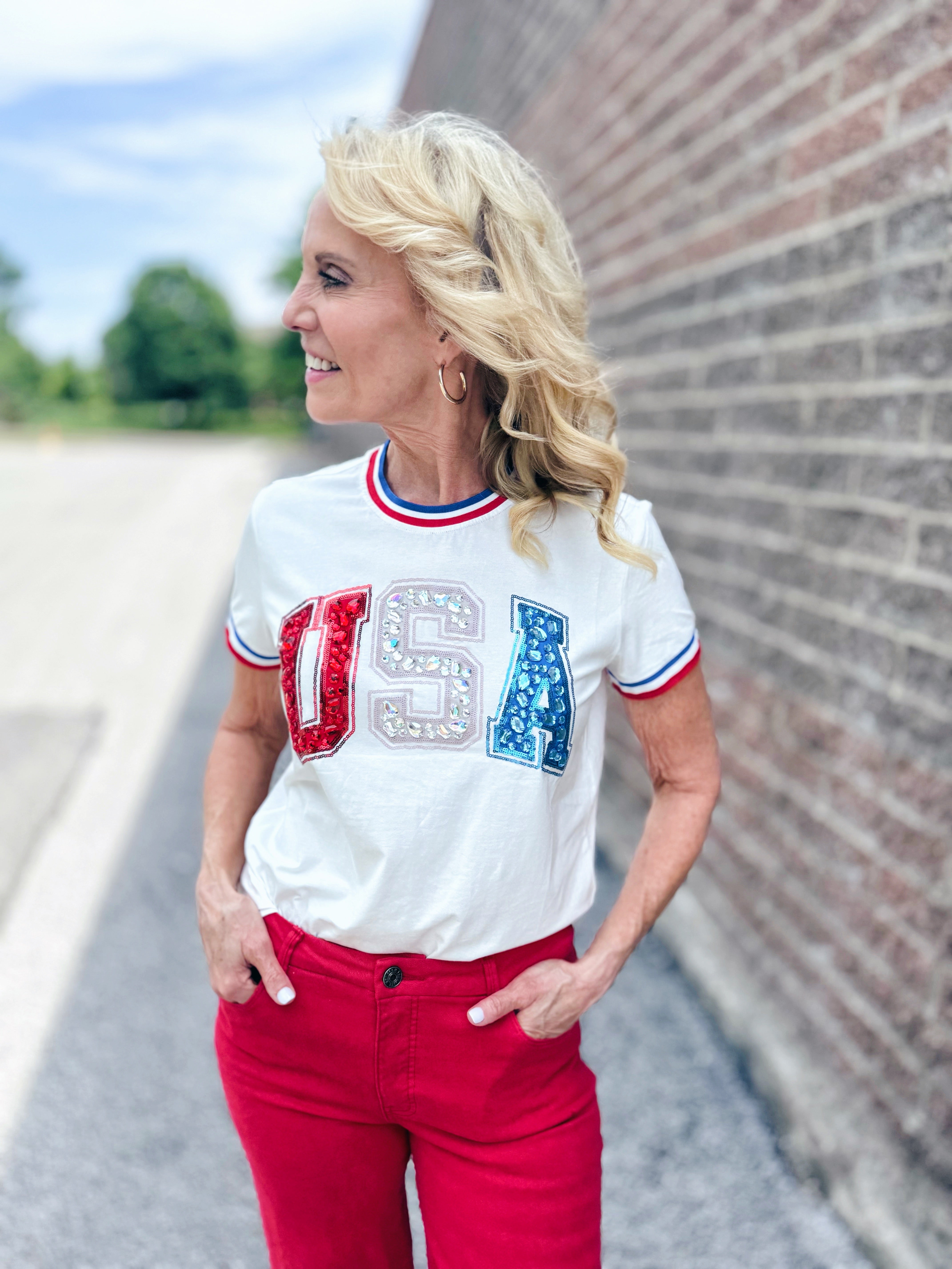 Queen of Sparkles x Amelia’s Boutique USA Sport Stripe Women’s Tee