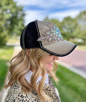 Jeweled Two-Tone Hat in Grey