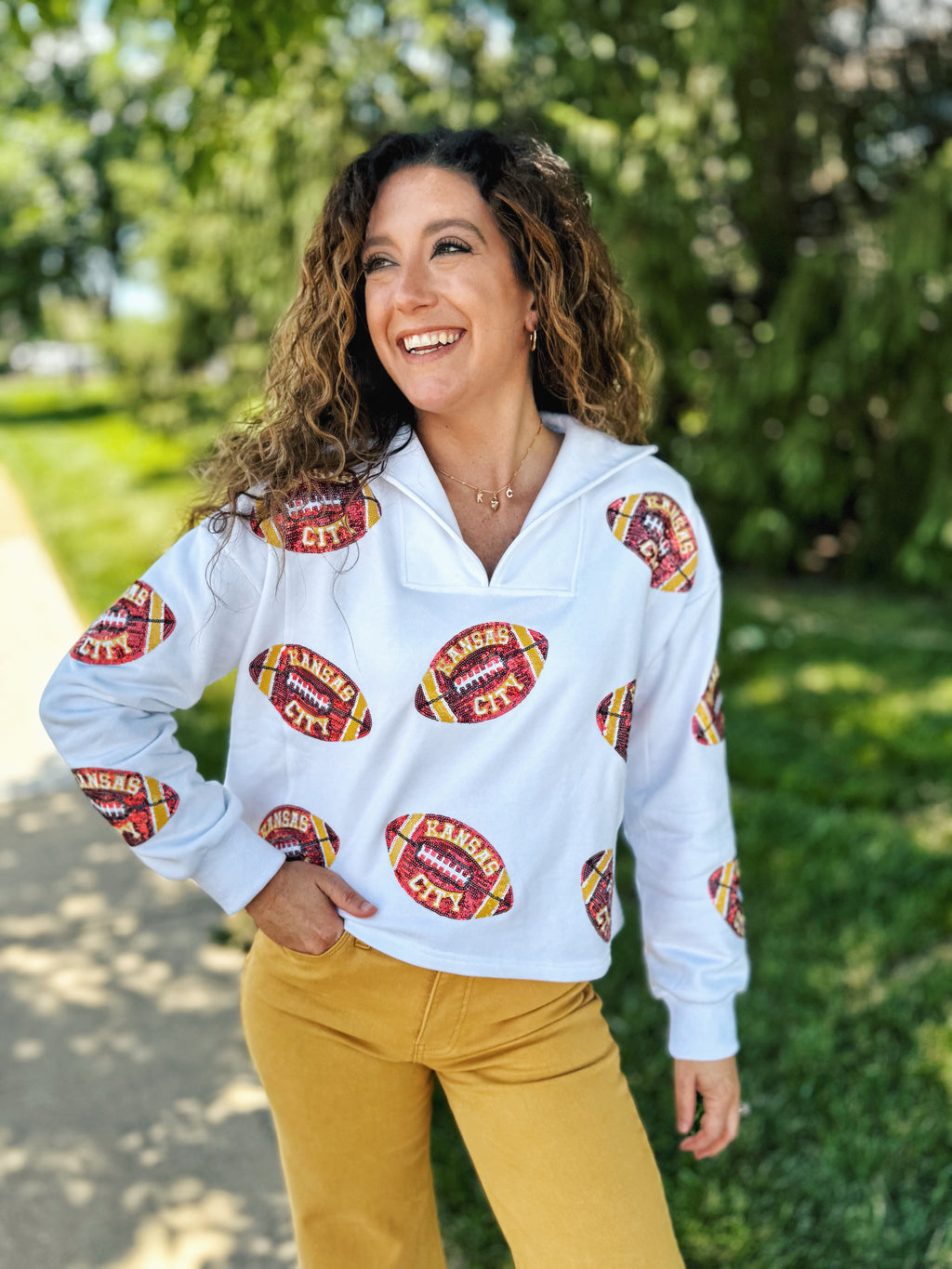 Scattered Kansas City Football Collared V Neck Sweatshirt - Queen of Sparkles x Amelia's Collab