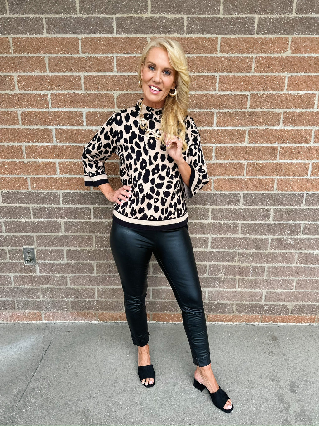 Animal Print Mockneck 3/4 Sleeve Sweater