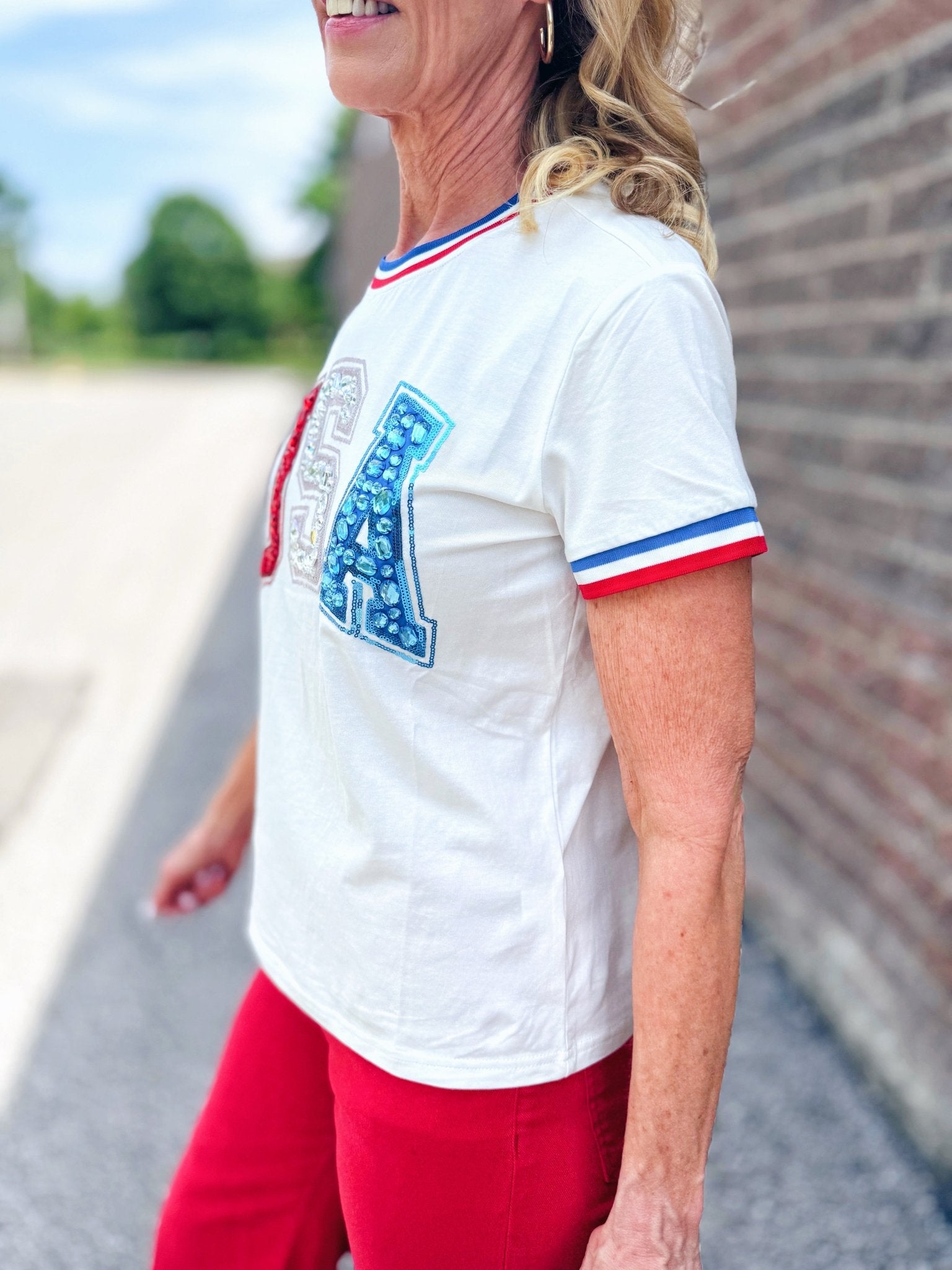 Queen of Sparkles x Amelia’s Boutique USA Sport Stripe Women’s Tee - Amelia's Boutique
