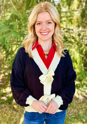 Black Bow Cardigan with Snap Buttons