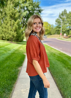 Cheetah Trim Dolman Sleeve Top in Paprika