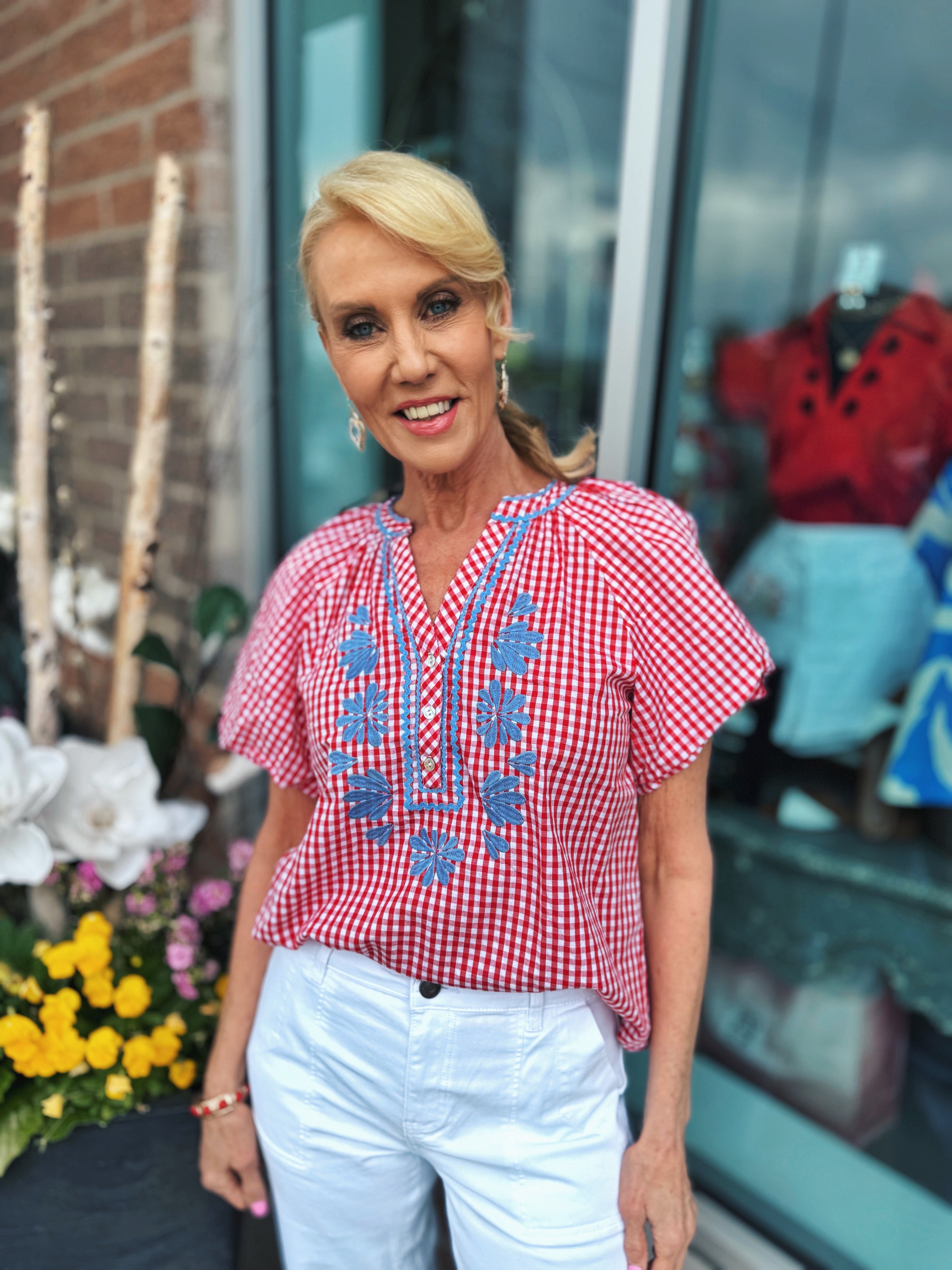 Red Gingham with Embroidery Women’s Blouse