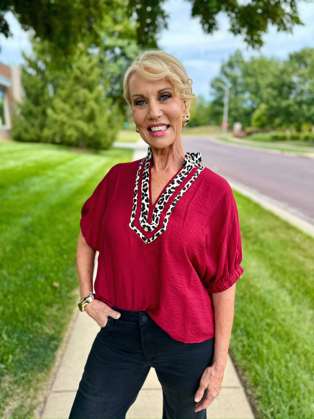 Cheetah Trim Dolman Sleeve Top in Burgundy