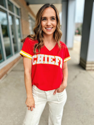 Custom Chiefs Varsity Letter V Neck Tee