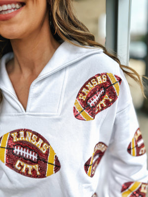 Scattered Kansas City Football Collared V Neck Sweatshirt - Queen of Sparkles x Amelia's Collab