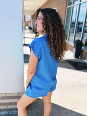 Varsity Stripe “On The Go” Women’s Outfit Shorts Set in Blue