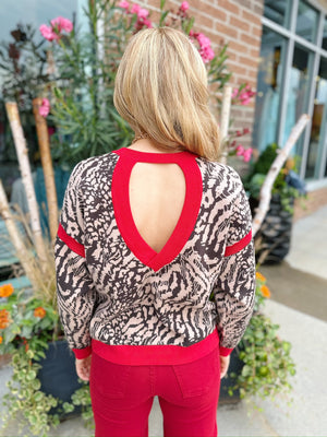 Keyhole Back Animal Print Sweater with Red Trim