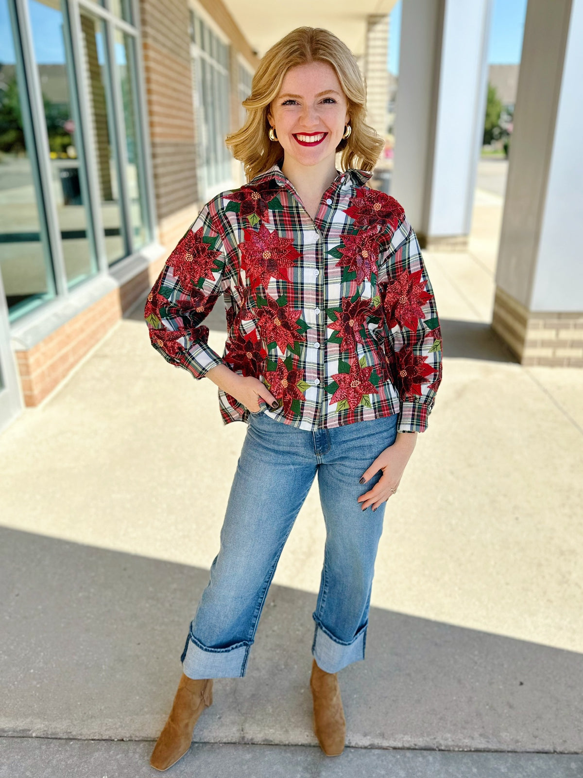 Queen of Sparkles Holiday Plaid and Poinsettia Button Up - Amelia's Boutique