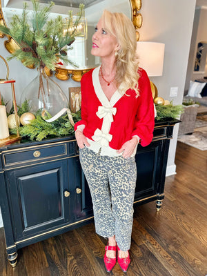 Red Bow Cardigan with Snap Buttons