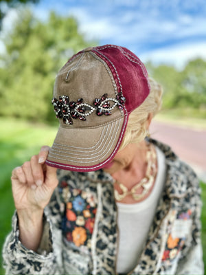 Jeweled Two-Tone Hat in Burgundy/Taupe