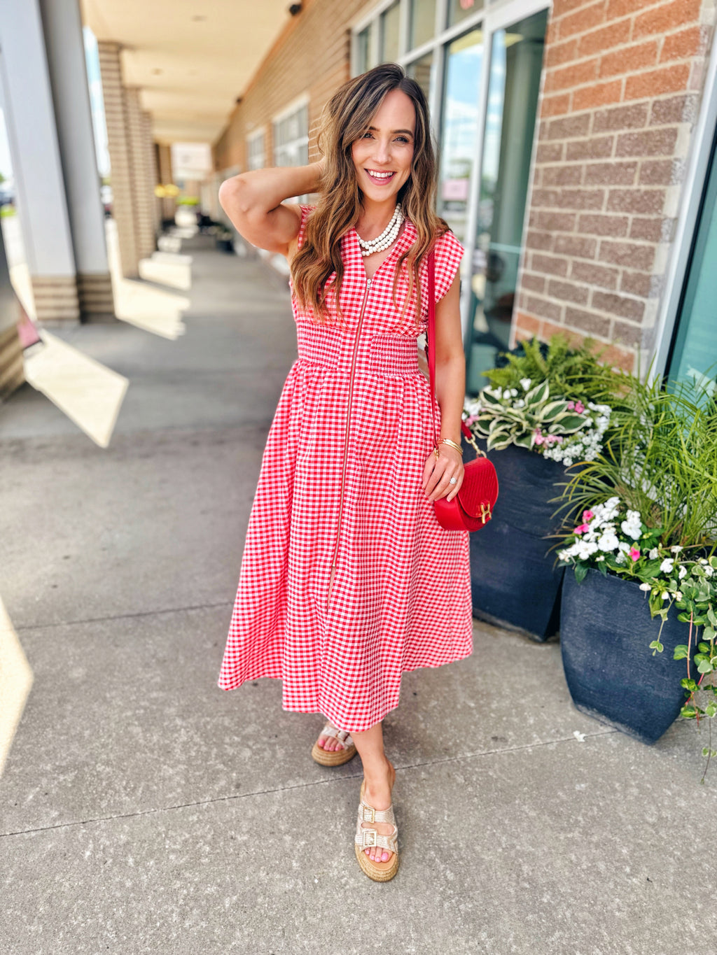 Red Gingham Zip Front Midi Dress