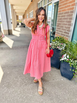 Red Gingham Zip Front Midi Dress