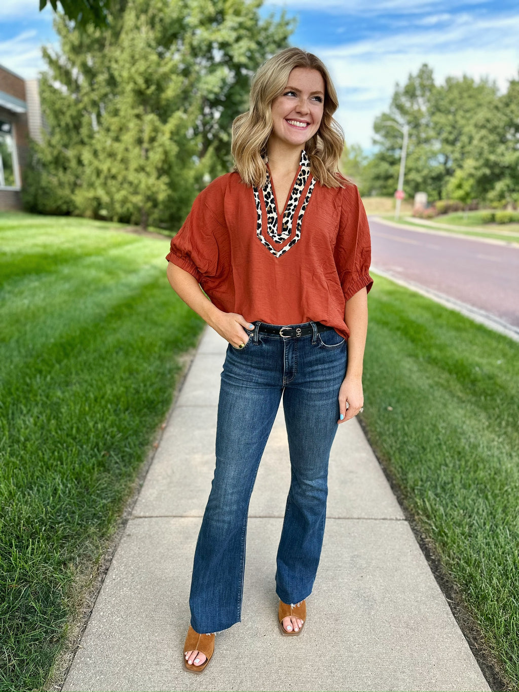 Cheetah Trim Dolman Sleeve Top in Paprika