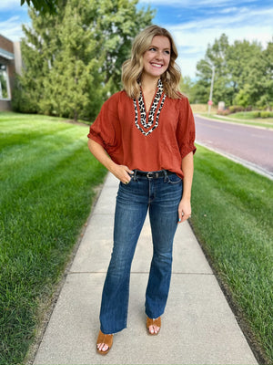 Cheetah Trim Dolman Sleeve Top in Paprika