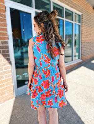 Sleeveless Floral Print Dress in Blue
