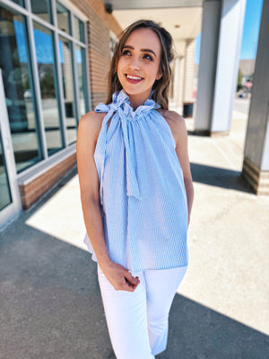 Blue Pinstripe Tie Neck Top