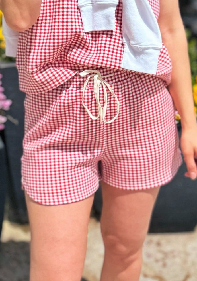 Ponte Stretch Drawstring Women’s Shorts in Red Gingham
