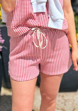 Ponte Stretch Drawstring Women’s Shorts in Red Gingham