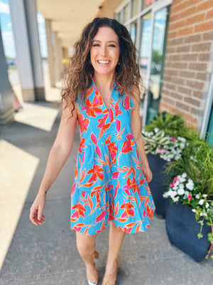 Sleeveless Floral Print Dress in Blue