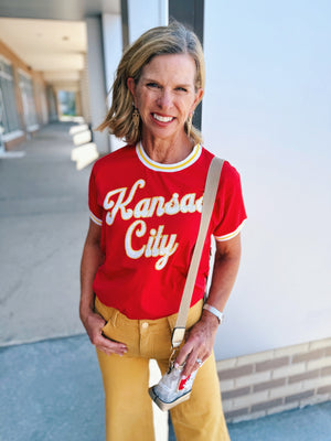 Retro Kansas City Script Tee w/Sport Stripe - Queen of Sparkles X Amelia's Boutique