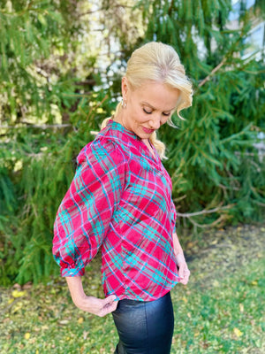Holiday Plaid Balloon Sleeve Top