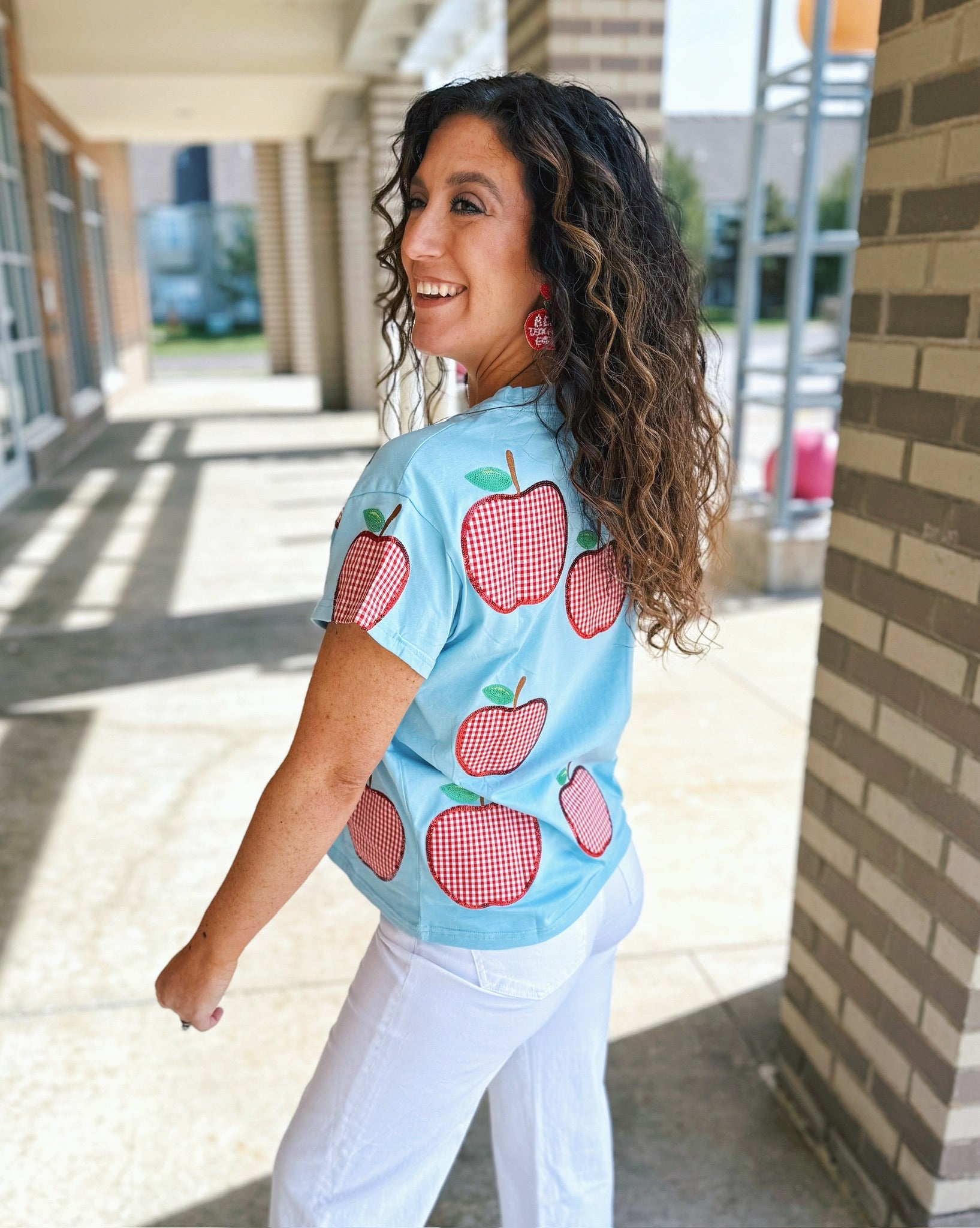 Queen of Sparkles Gingham Apple Women's Tee in Baby Blue