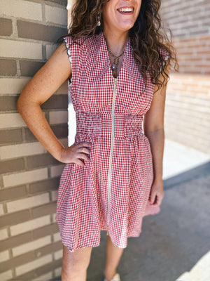 Women’s Gingham Zip Front Dress w/Elastic Waist