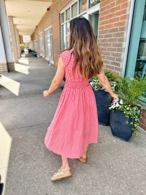 Red Gingham Zip Front Midi Dress