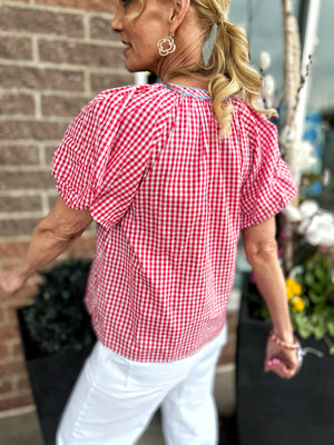 Red Gingham with Embroidery Women’s Blouse