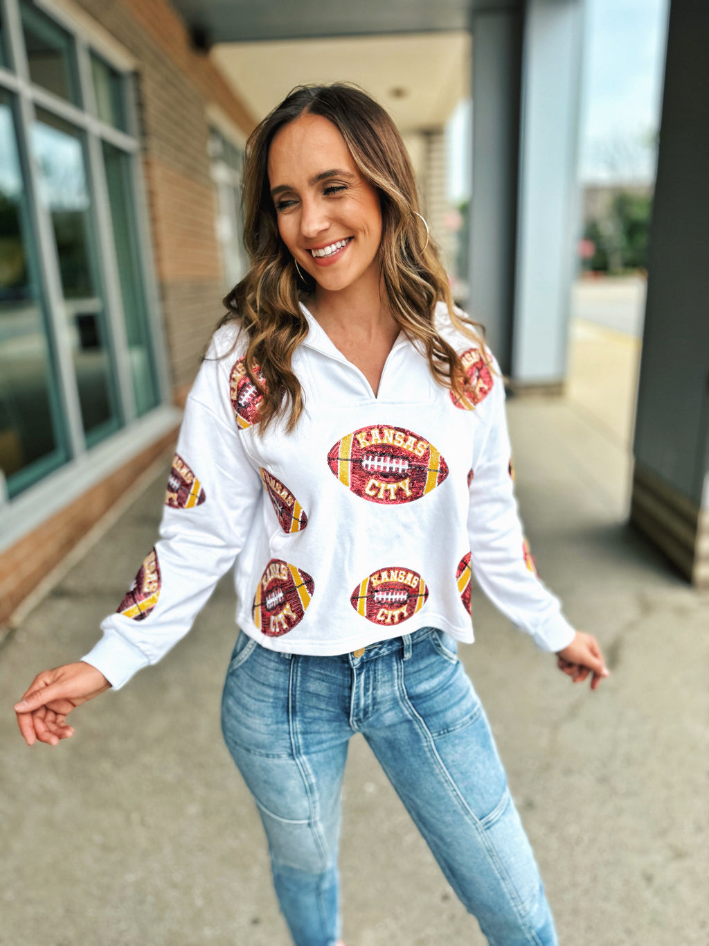 Scattered Kansas City Football Collared V Neck Sweatshirt - Queen of Sparkles x Amelia's Collab