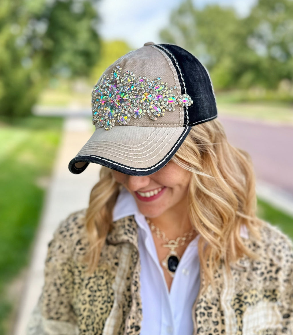 Jeweled Two-Tone Hat in Grey