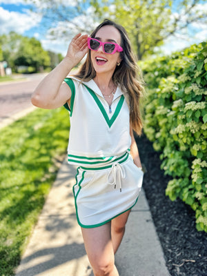 Half Zip Skirt Set in White & Green