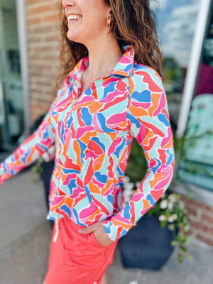 UPF Half Zip Top in Peach & Aqua