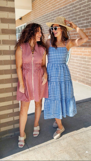 Women’s Gingham Tiered Midi Dress in Blue