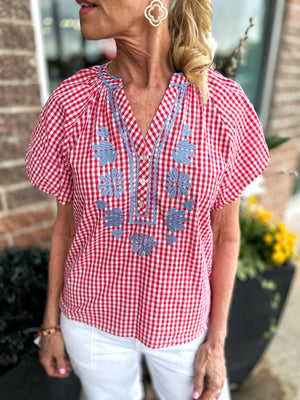 Red Gingham with Embroidery Women’s Blouse