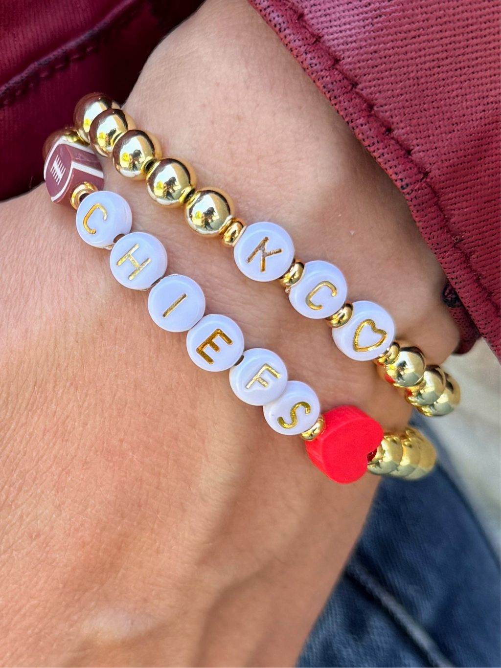 Chiefs w/Football & Heart Friendship Gold Bead Bracelet