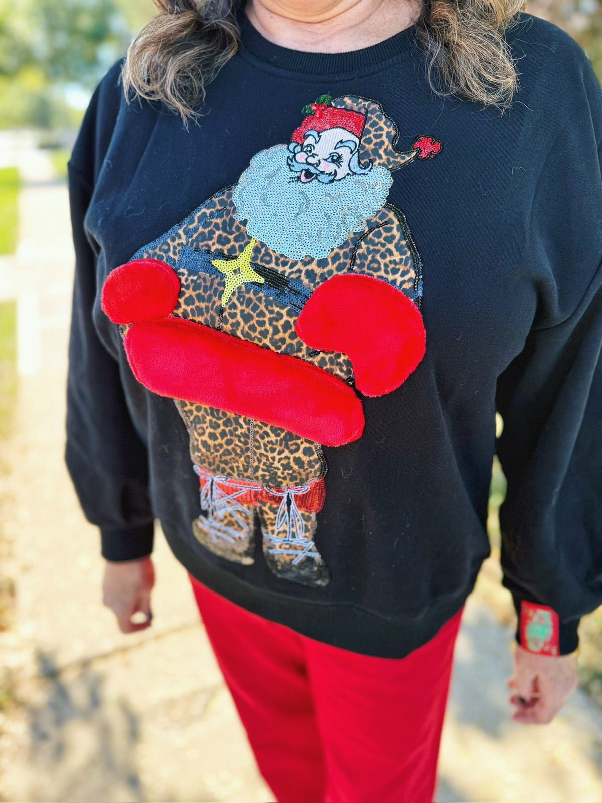 Queen of Sparkles Cheetah Santa Sweatshirt - Amelia's Boutique
