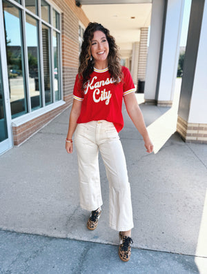Retro Kansas City Script Tee w/Sport Stripe - Queen of Sparkles X Amelia's Boutique